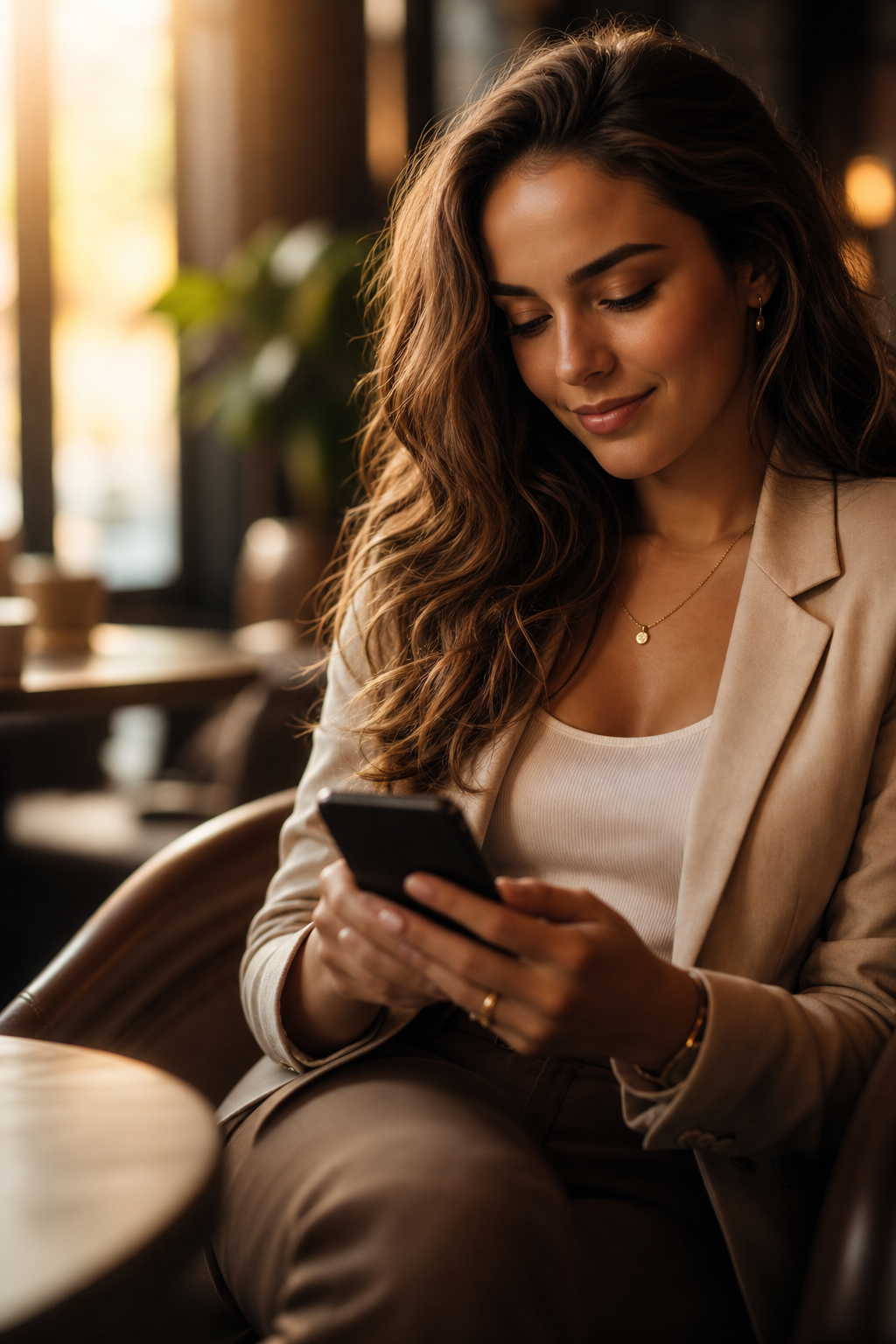 Warm lifestyle photo of a woman using a smartphone for digital wealth access