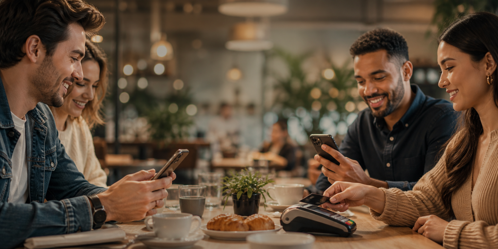 People using phones and contactless payments in a warm cafe setting